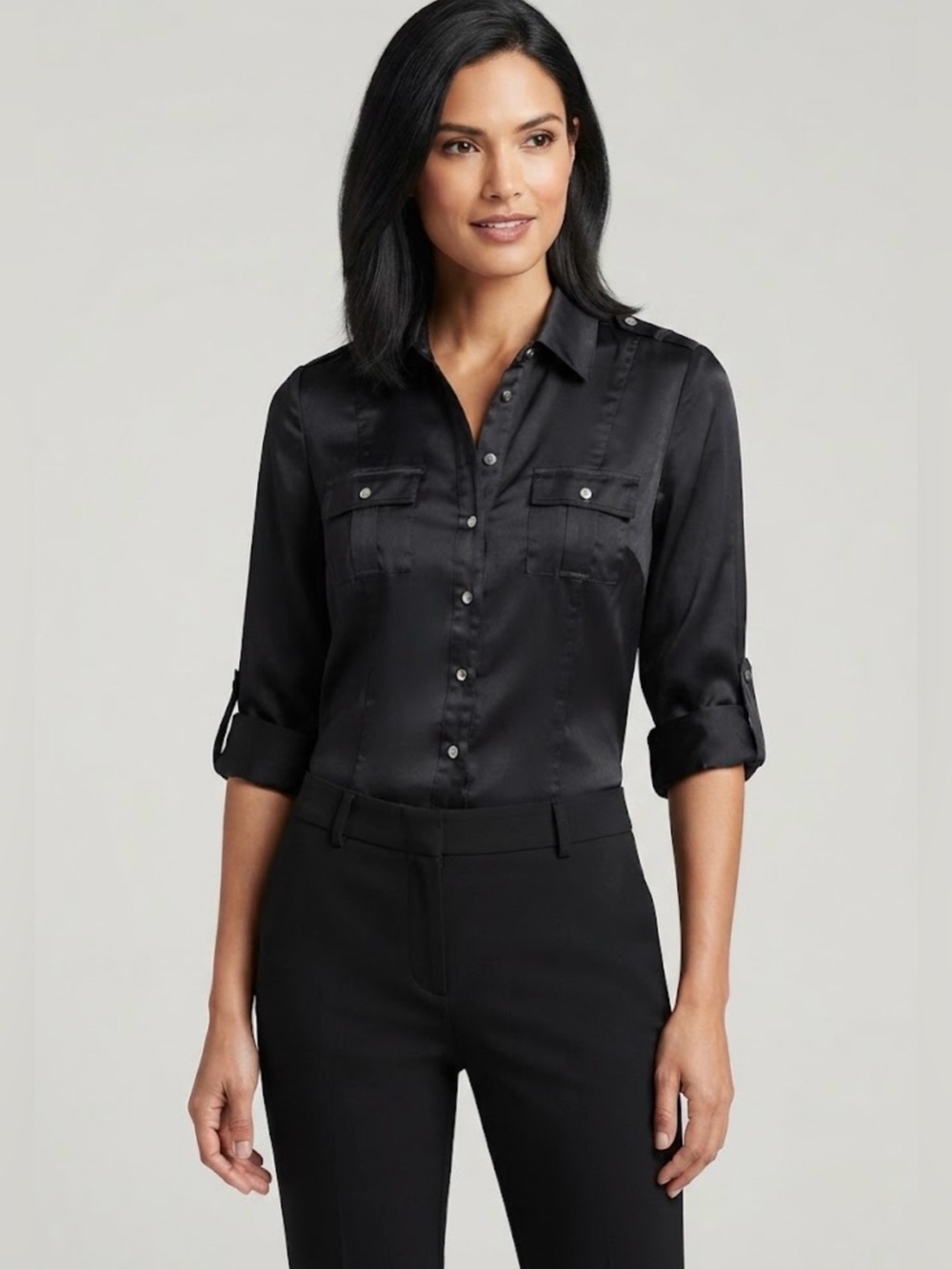 WHBM Silk Stretch Top; button/roll sleeves; with silver buttons
Size 2 xsmall